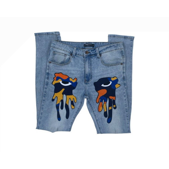 Roku Studio Jeans Mens 32x33 Orange Camo Tear Drip Streetwear Y2k Hip Hop Trap - Picture 1 of 11